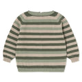 A long-sleeve knit sweater with horizontal stripes in sage green and light beige, shown from the back on a white background.
