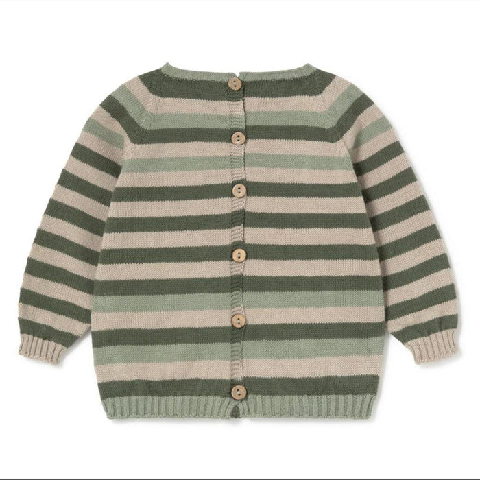 A children's knit cardigan sweater with horizontal stripes in sage green and beige, featuring a front button closure with wooden buttons.