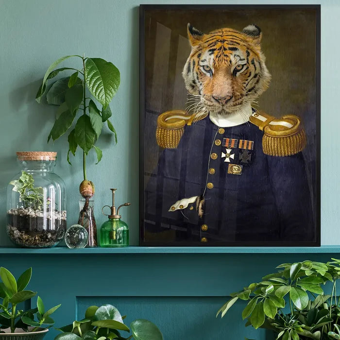Lieutenant Tiger Portrait Print, quirky altered art print black framed on a living room shelf