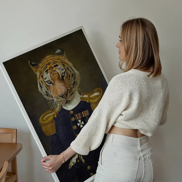 Lieutenant Tiger Portrait Print held up against a living room wall