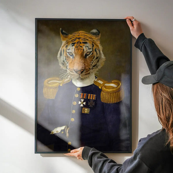Lieutenant Tiger Portrait Print being hung on a wall in a black frame