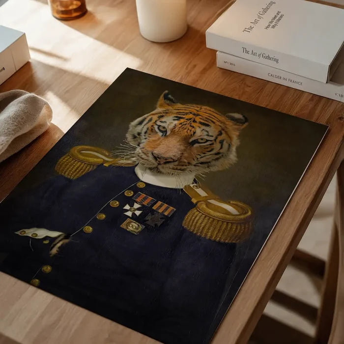 Lieutenant Tiger Portrait Print, quirky altered art print unframed on a home office desk