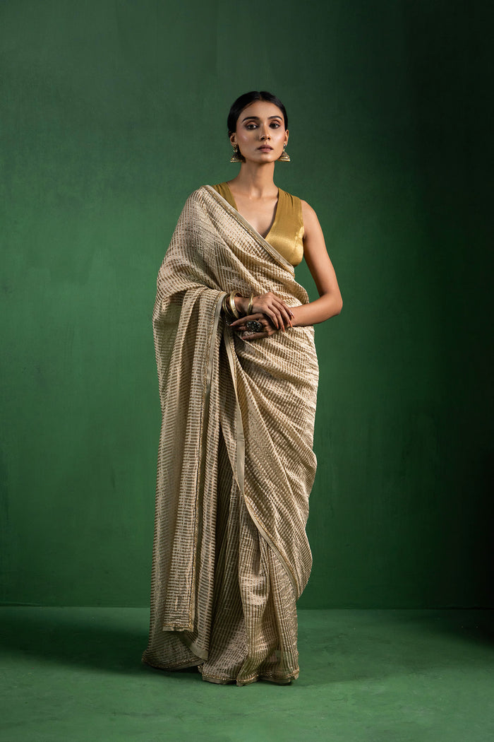 Light Beige Chanderi Saree With Zari Stripes