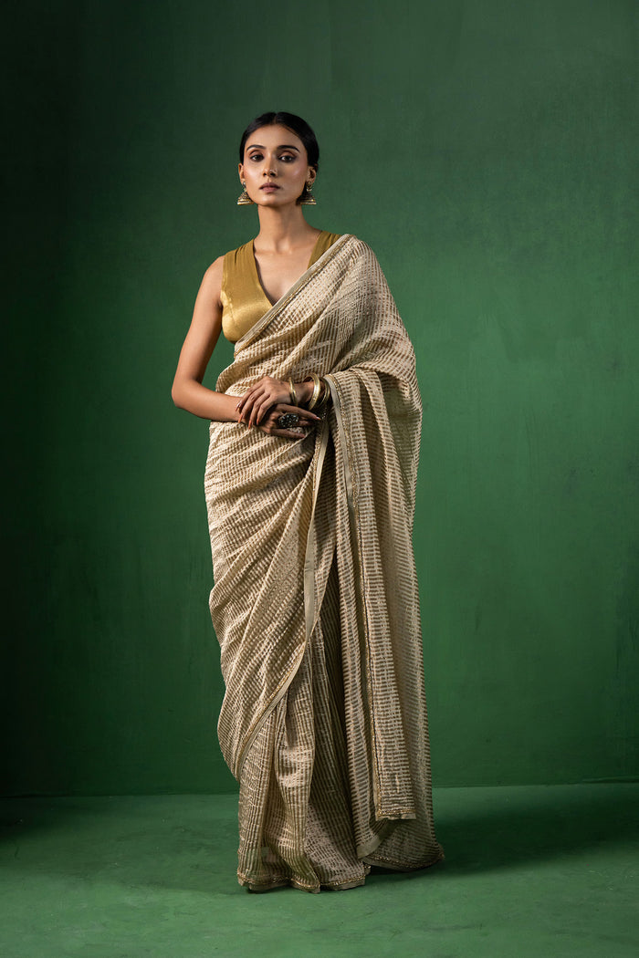 Light Beige Chanderi Saree With Zari Stripes