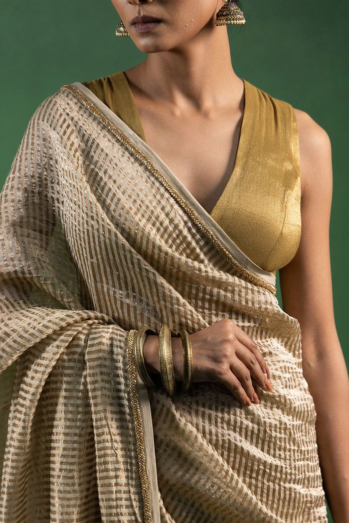 Light Beige Chanderi Saree With Zari Stripes