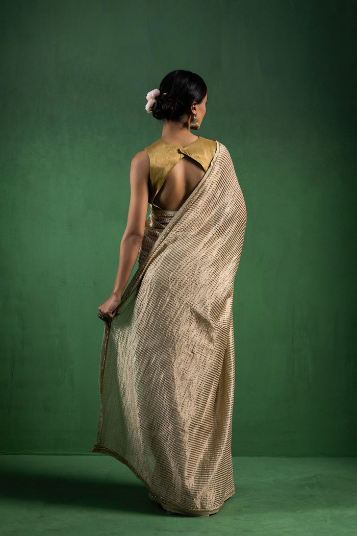 Light Beige Chanderi Saree With Zari Stripes