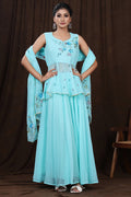 <img> Light Blue Hand Painted Floral Georgette Lehenga Set