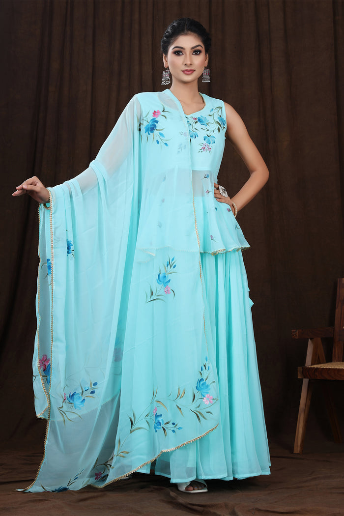 <img> Light Blue Hand Painted Floral Georgette Lehenga Set