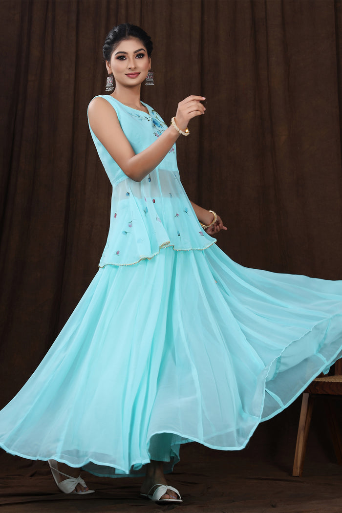 <img> Light Blue Hand Painted Floral Georgette Lehenga Set