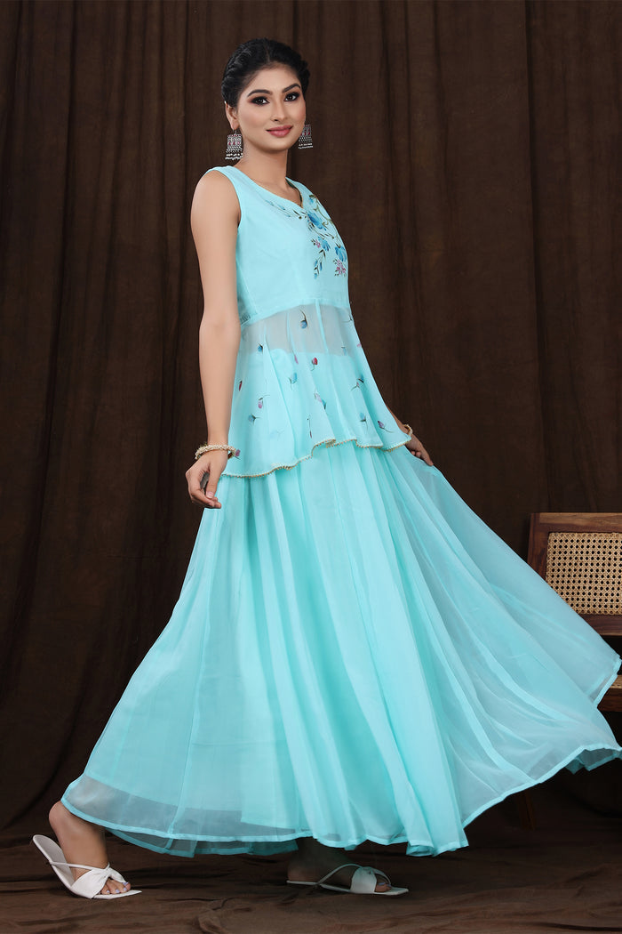 <img> Light Blue Hand Painted Floral Georgette Lehenga Set