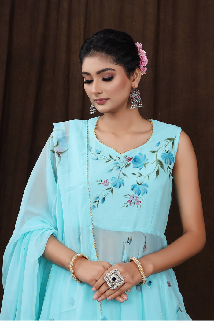 <img> Light Blue Hand Painted Floral Georgette Lehenga Set