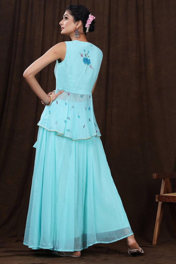 <img> Light Blue Hand Painted Floral Georgette Lehenga Set