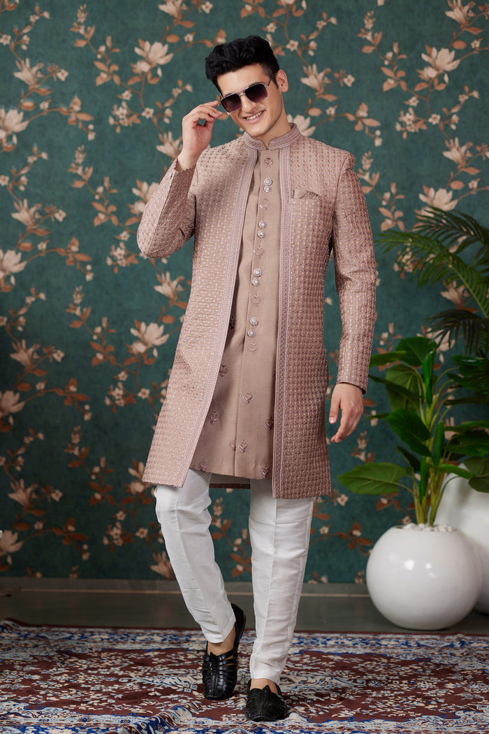 Light Brown Art Silk Three Piece Sherwani Set