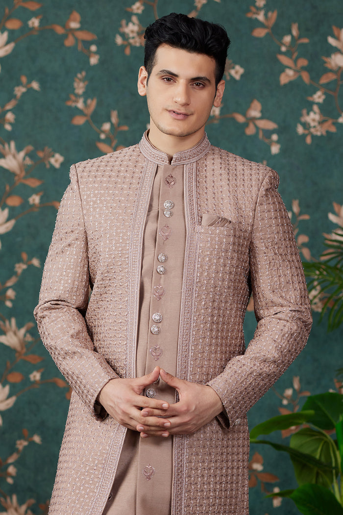 Light Brown Art Silk Three Piece Sherwani Set