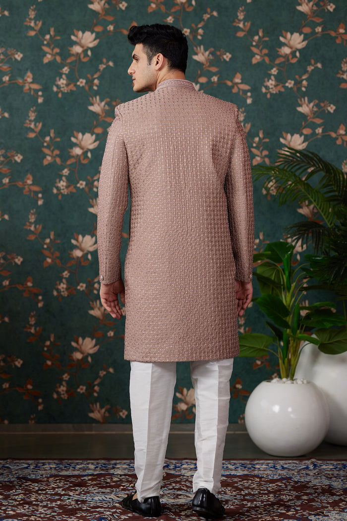 Light Brown Art Silk Three Piece Sherwani Set