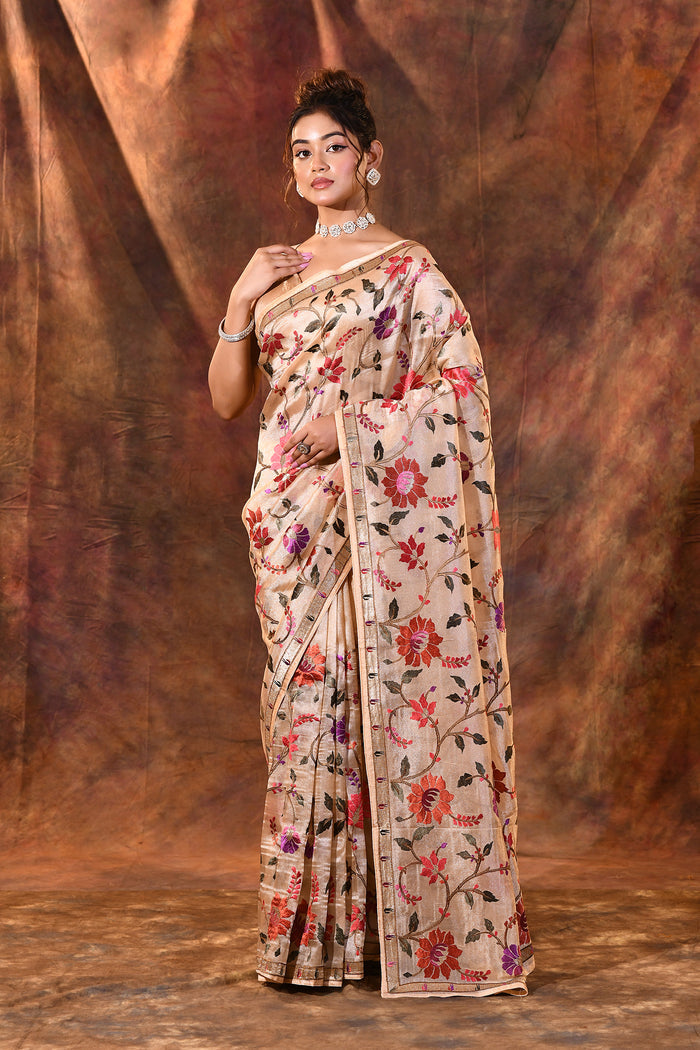 Light Cream Embroidered Tissue Silk Saree