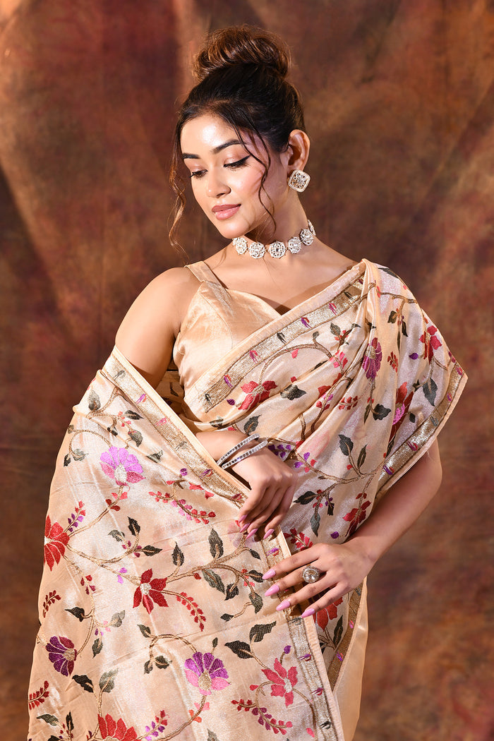 Light Cream Embroidered Tissue Silk Saree