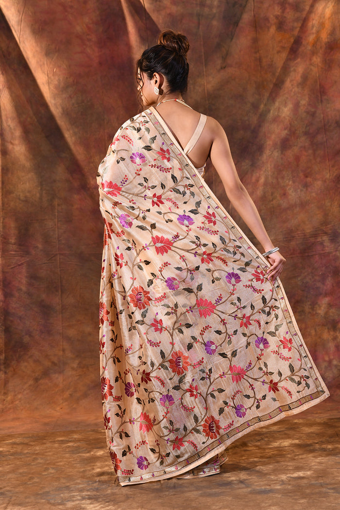 Light Cream Embroidered Tissue Silk Saree