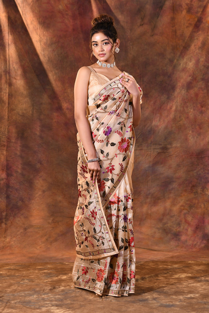 Light Cream Embroidered Tissue Silk Saree