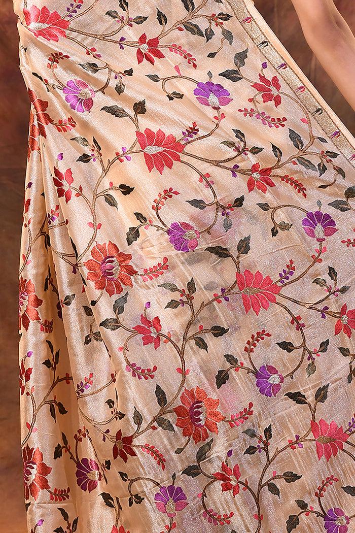 Light Cream Embroidered Tissue Silk Saree