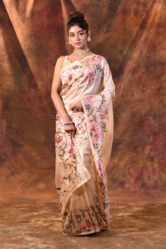 Light Cream Floral Embroidered Tissue Silk Saree