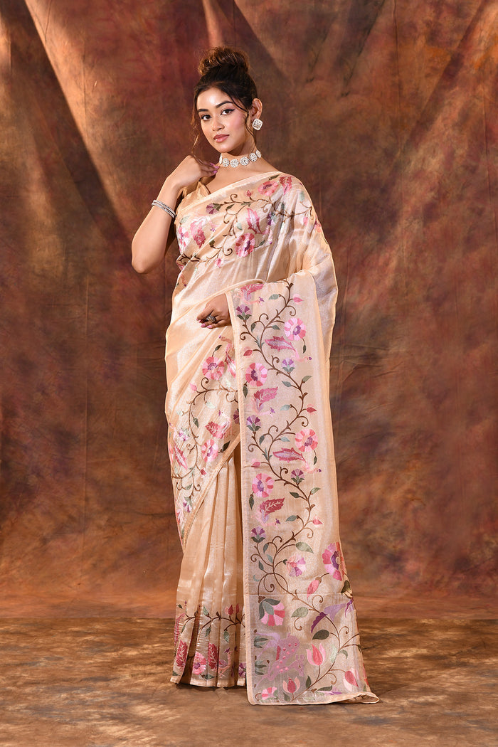 Light Cream Floral Embroidered Tissue Silk Saree