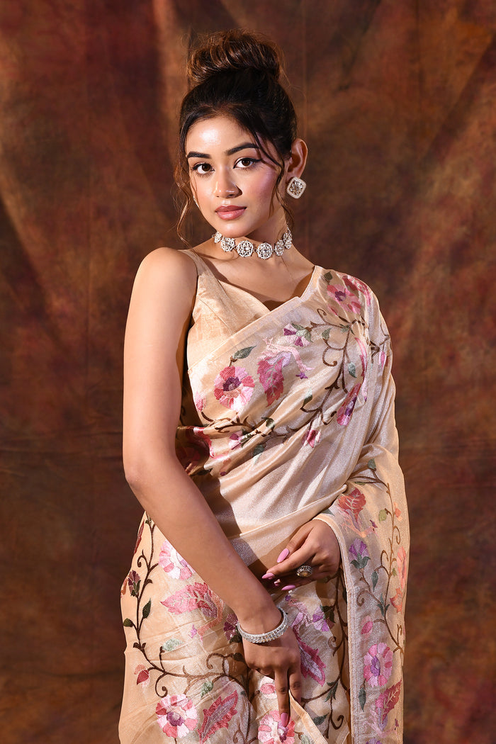 Light Cream Floral Embroidered Tissue Silk Saree