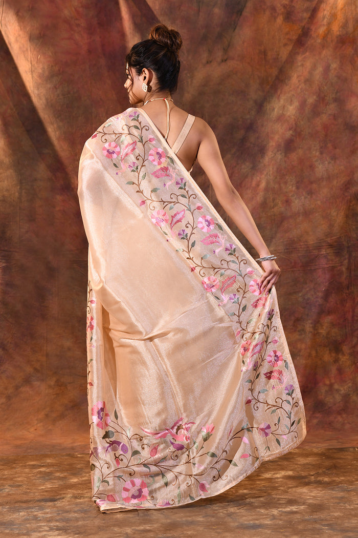 Light Cream Floral Embroidered Tissue Silk Saree