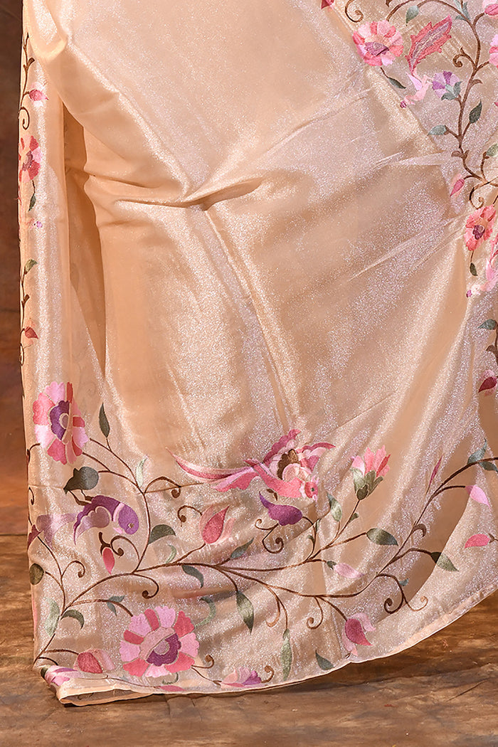 Light Cream Floral Embroidered Tissue Silk Saree