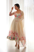 Light Cream Organza Floral Printed Anarkali Set