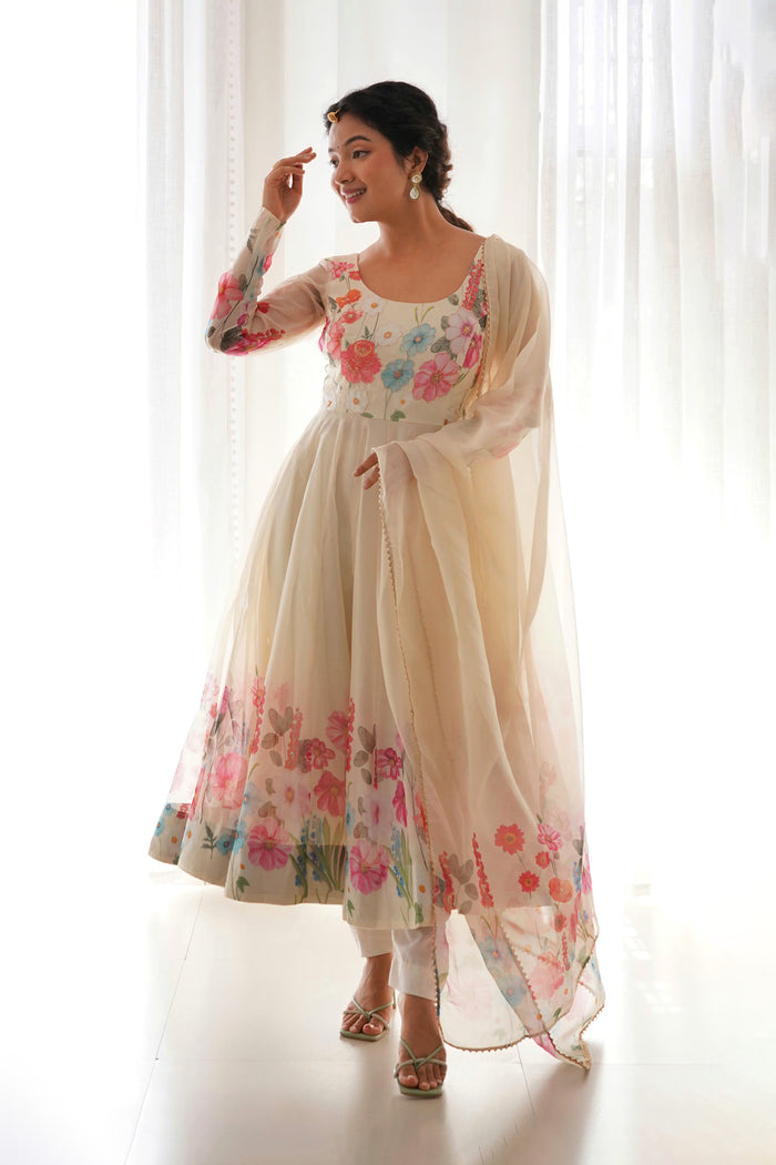 Light Cream Organza Floral Printed Anarkali Set