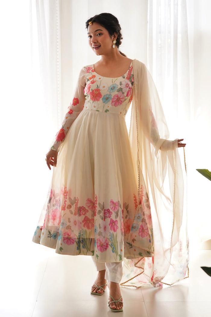 Light Cream Organza Floral Printed Anarkali Set