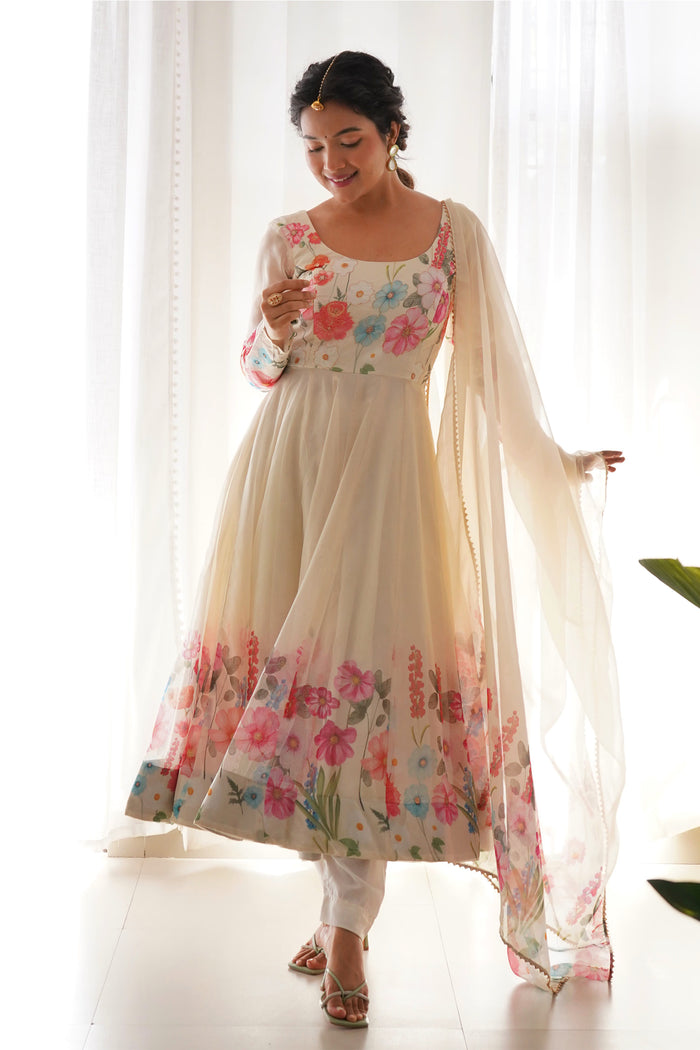 Light Cream Organza Floral Printed Anarkali Set