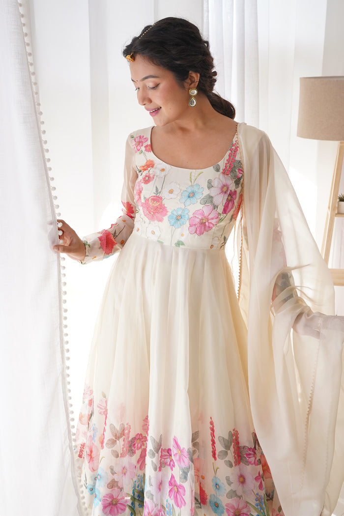 Light Cream Organza Floral Printed Anarkali Set