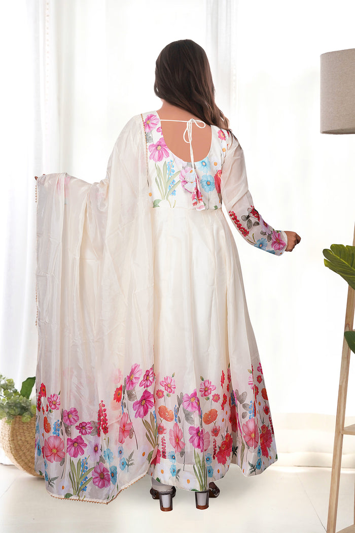 Light Cream Organza Floral Printed Anarkali Set