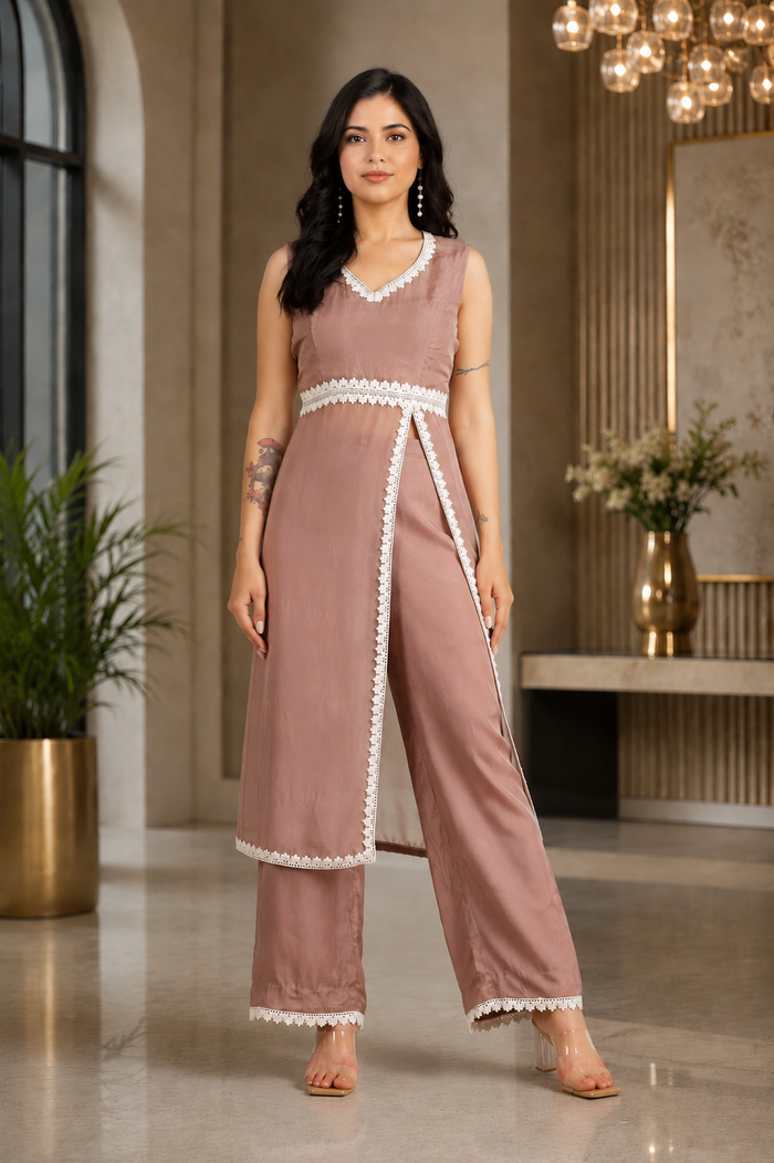 Light Dusky Brown Silk Indo Western With Lace Trim
