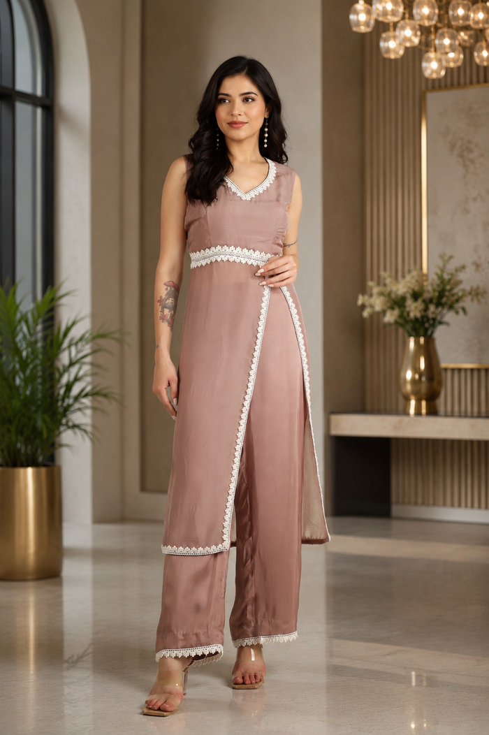 Light Dusky Brown Silk Indo Western With Lace Trim