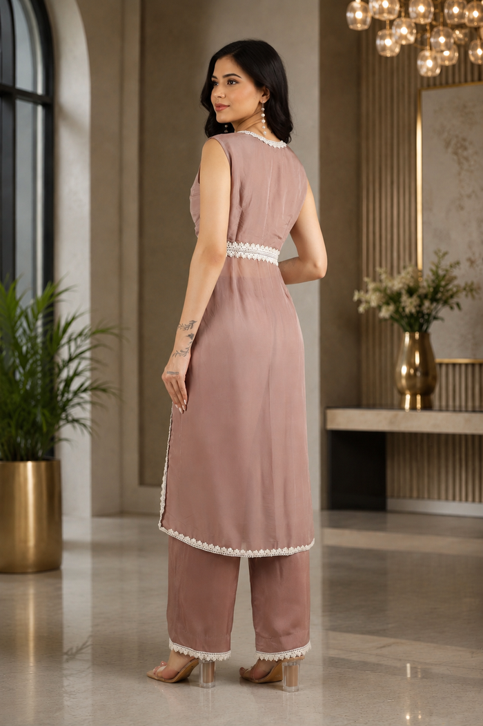 Light Dusky Brown Silk Indo Western With Lace Trim