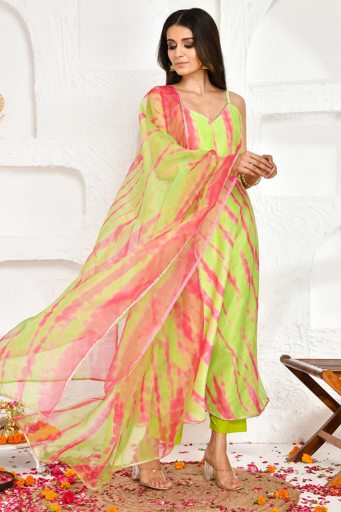Light Green Chanderi Kurta Set With Shibori Printed