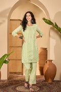 Light Green Cotton Hakoba Work Kurta Set