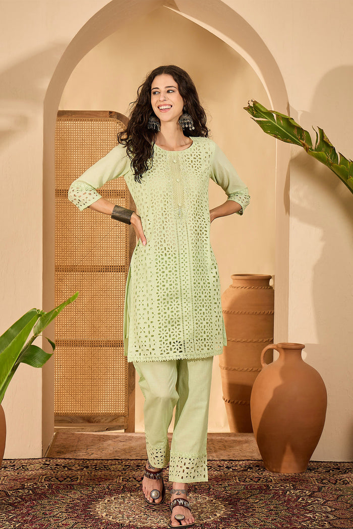Light Green Cotton Hakoba Work Kurta Set