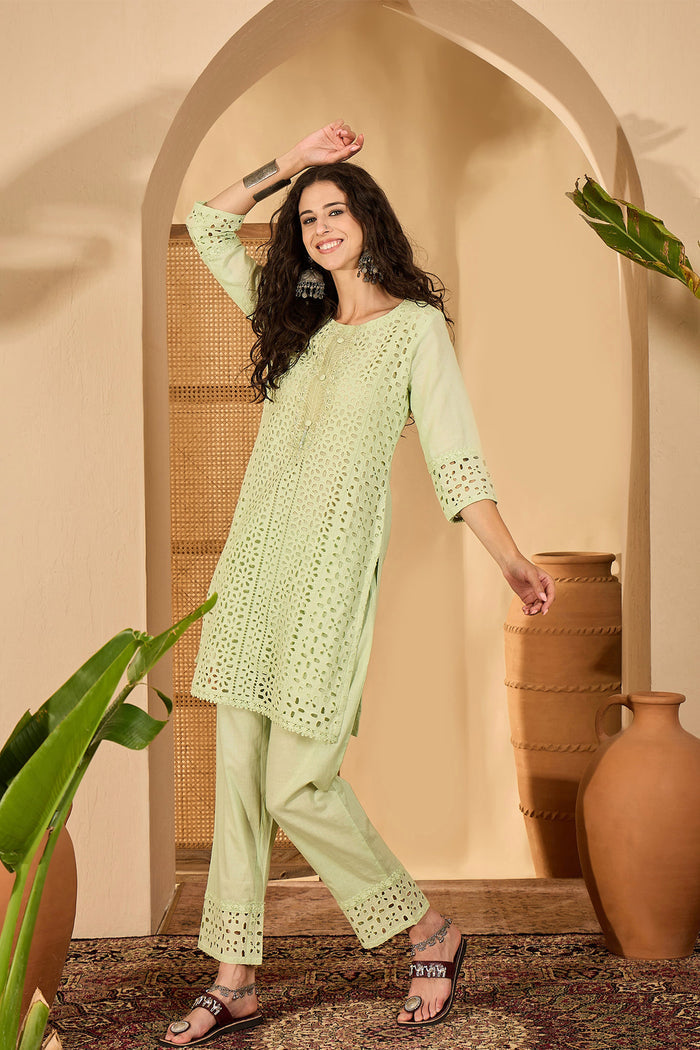 Light Green Cotton Hakoba Work Kurta Set