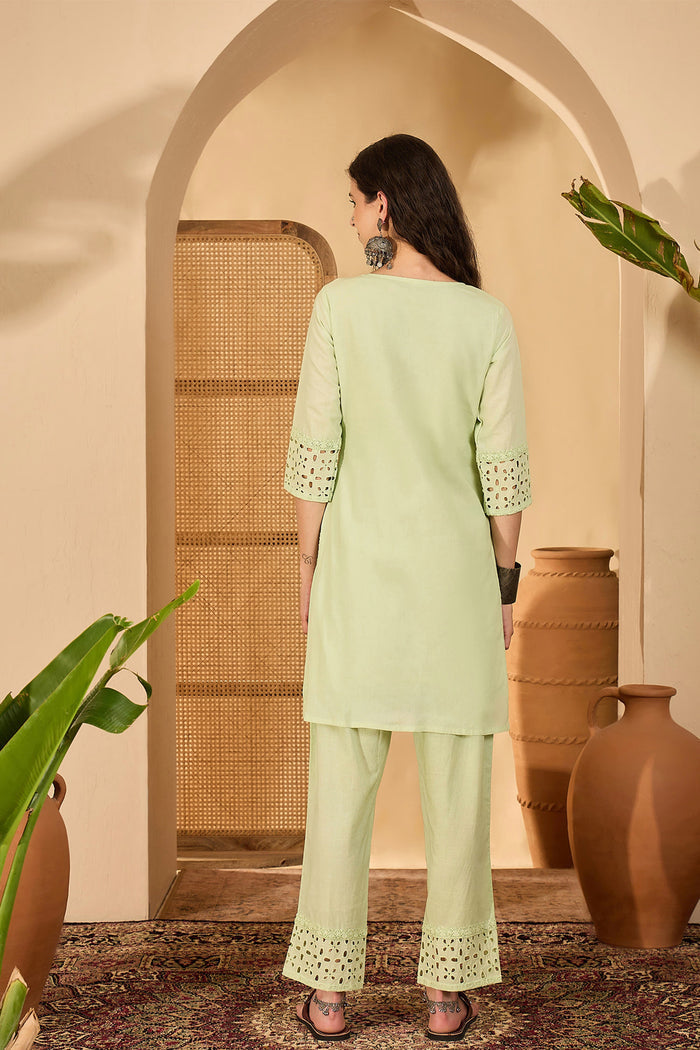 Light Green Cotton Hakoba Work Kurta Set