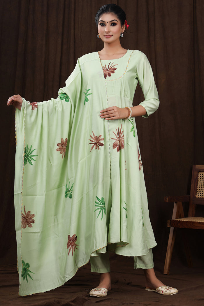 Light Green Hand Painted Modal Silk Kurta Set