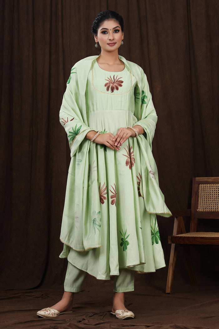 Light Green Hand Painted Modal Silk Kurta Set