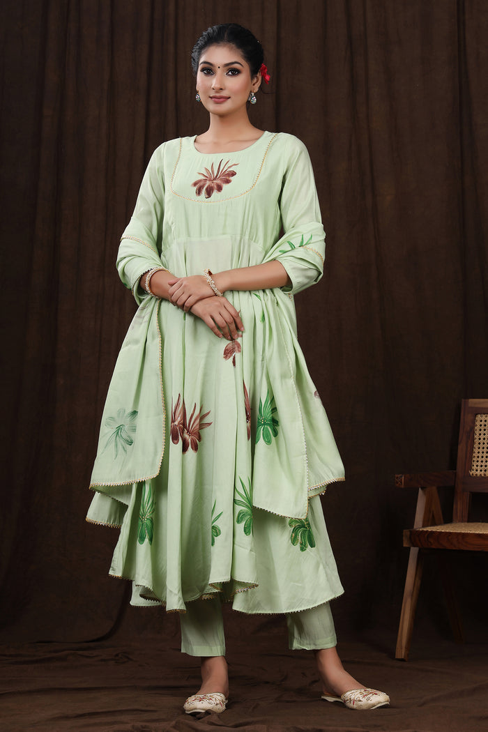 Light Green Hand Painted Modal Silk Kurta Set