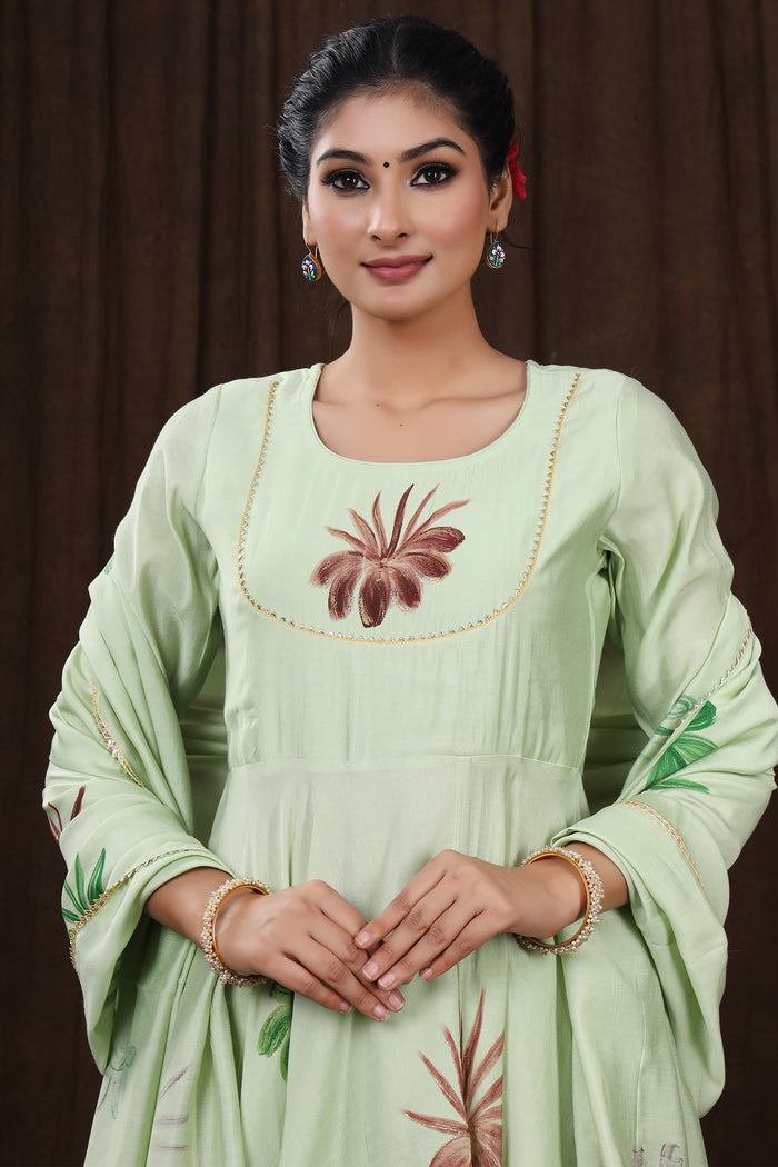 Light Green Hand Painted Modal Silk Kurta Set