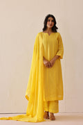 <img> Light Lemon Yellow Russian Silk Solid Kurti Set