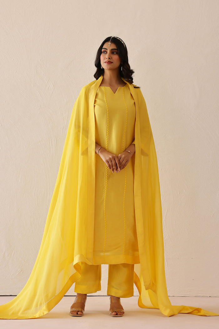 <img> Light Lemon Yellow Russian Silk Solid Kurti Set