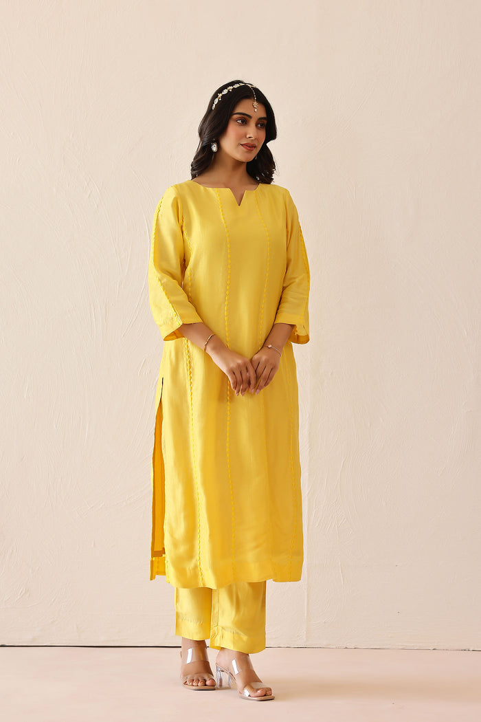 <img> Light Lemon Yellow Russian Silk Solid Kurti Set